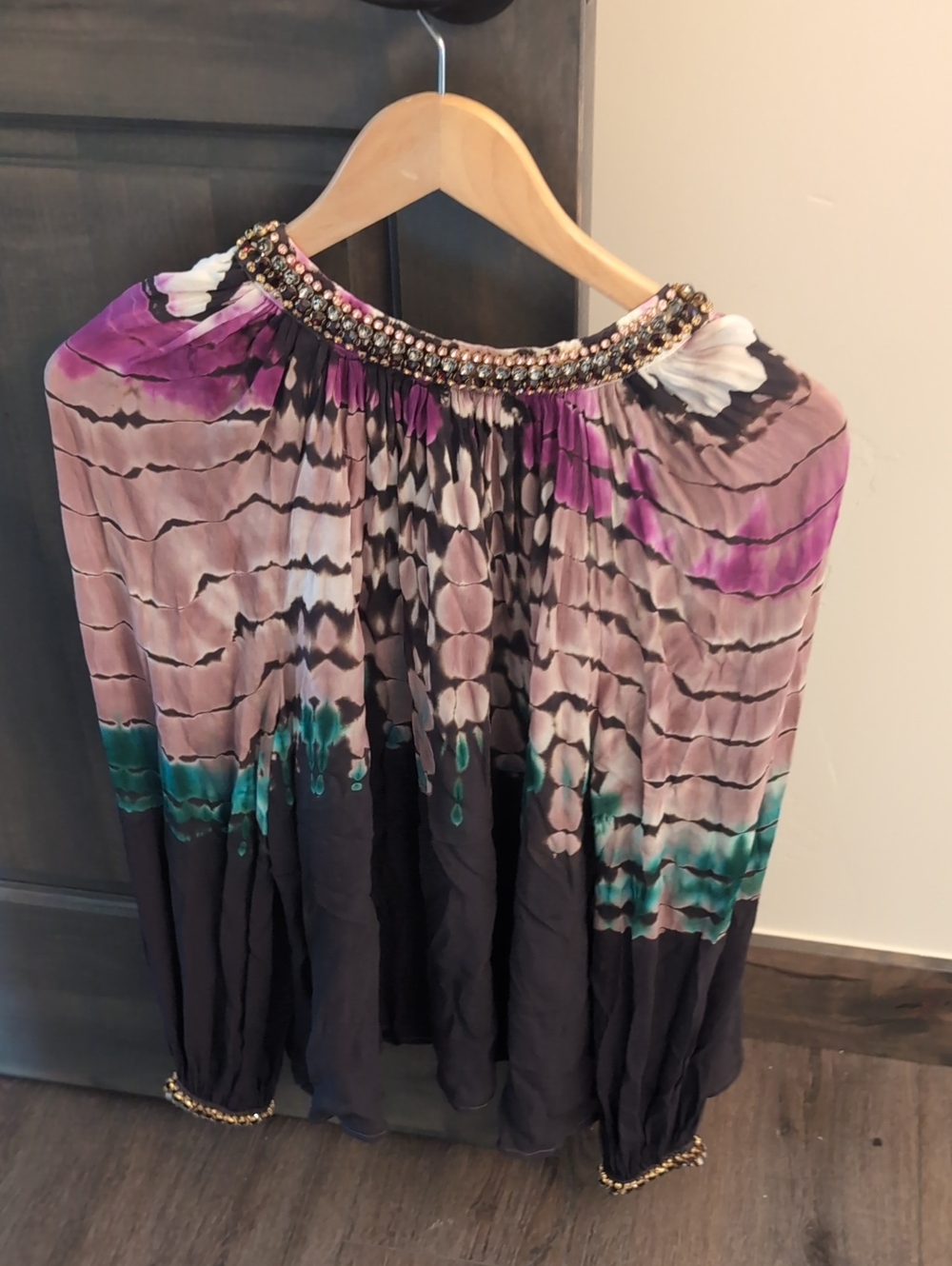 Beaded Off-Shoulder Tie-Dye Blouse Haute Hippie  in Purple and Teal